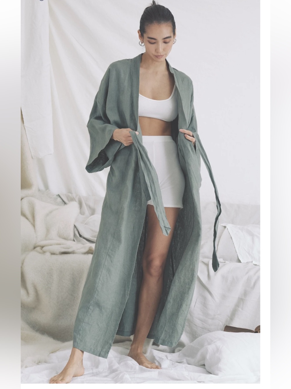 Sunday Morning Sai Full Length 100% French Linen Robe Olive OS